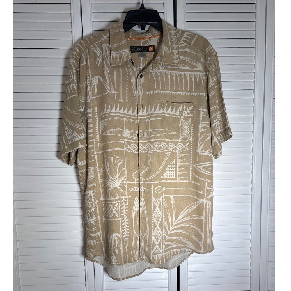 Quiksilver Waterman Collection Mens Large Tan Tribal Surfboard Button Up Shirt